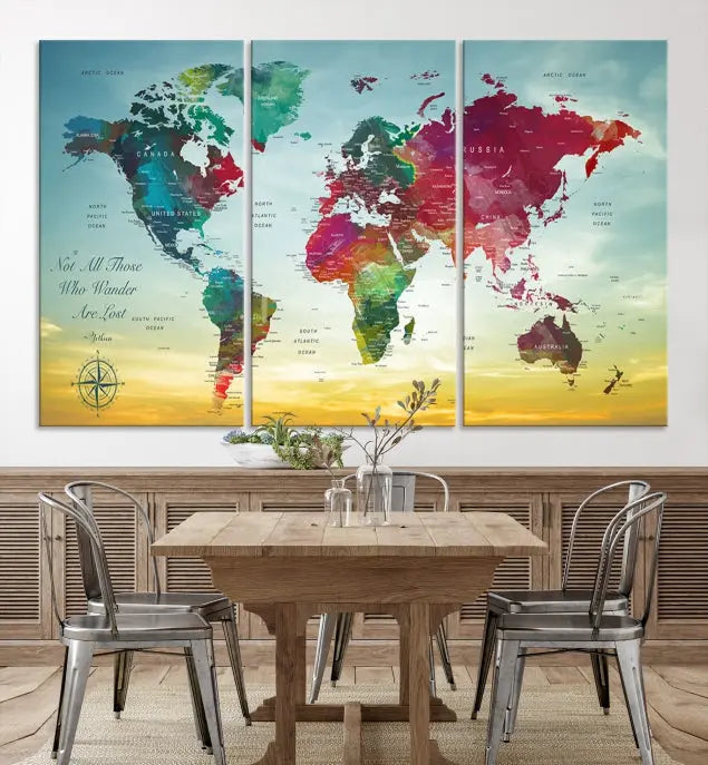 The "Wall Art Push Pin Personalized World Map Canvas Print" is a stunning three-panel piece crafted on museum-quality canvas with vibrant colors. It features a quote on the left panel, and all panels are gallery wrapped for an elegant finish. A UV-protective coating preserves their beauty.