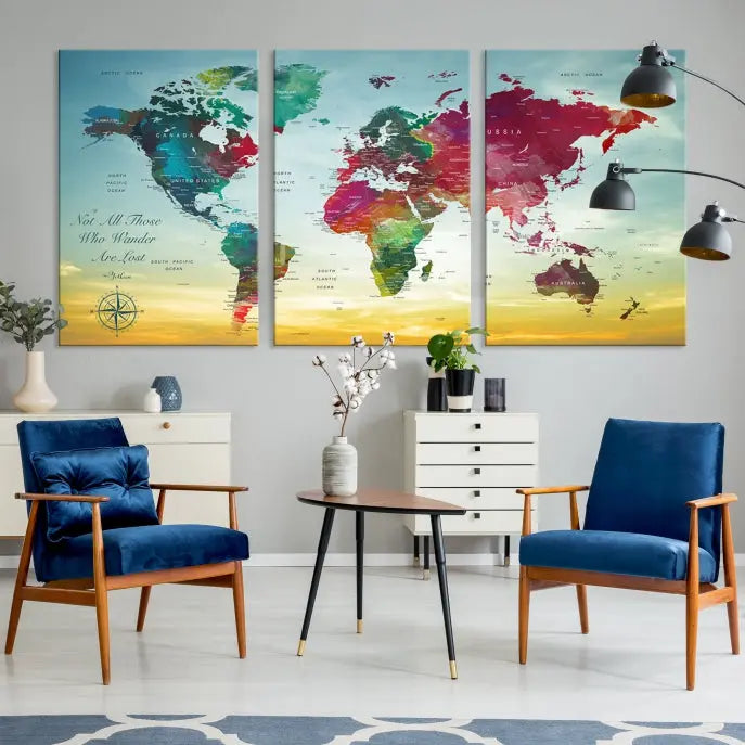 The "Wall Art Push Pin Personalized World Map Canvas Print" is a stunning three-panel piece crafted on museum-quality canvas with vibrant colors. It features a quote on the left panel, and all panels are gallery wrapped for an elegant finish. A UV-protective coating preserves their beauty.