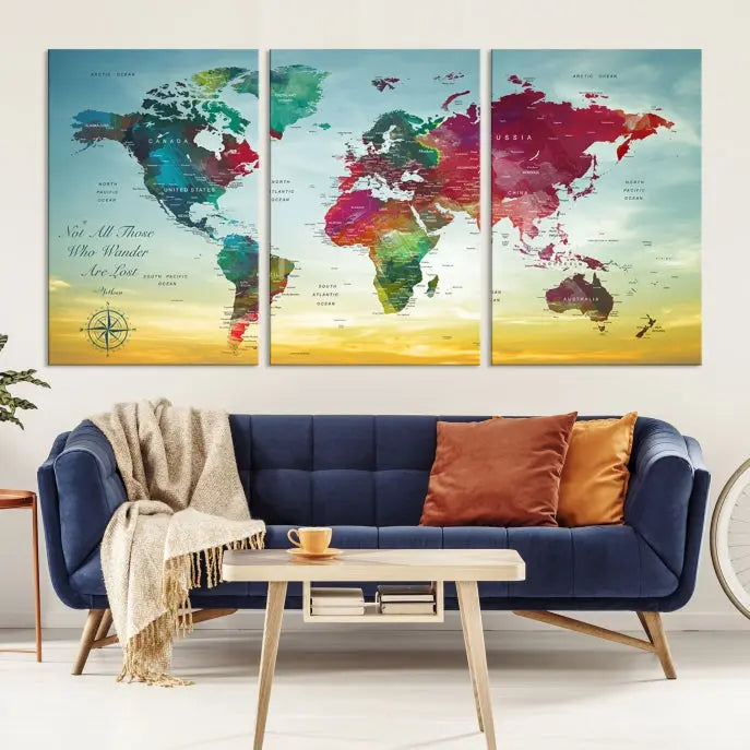 The "Wall Art Push Pin Personalized World Map Canvas Print" is a stunning three-panel piece crafted on museum-quality canvas with vibrant colors. It features a quote on the left panel, and all panels are gallery wrapped for an elegant finish. A UV-protective coating preserves their beauty.