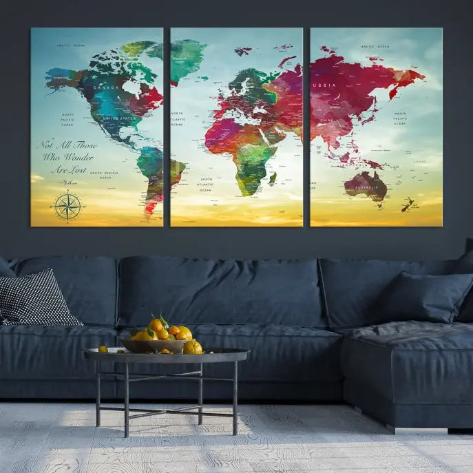 The "Wall Art Push Pin Personalized World Map Canvas Print" is a stunning three-panel piece crafted on museum-quality canvas with vibrant colors. It features a quote on the left panel, and all panels are gallery wrapped for an elegant finish. A UV-protective coating preserves their beauty.