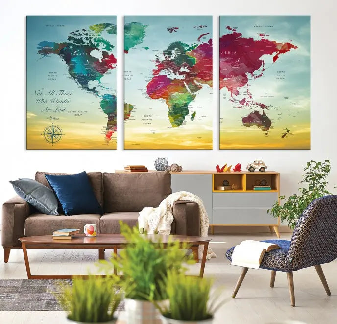 The "Wall Art Push Pin Personalized World Map Canvas Print" is a stunning three-panel piece crafted on museum-quality canvas with vibrant colors. It features a quote on the left panel, and all panels are gallery wrapped for an elegant finish. A UV-protective coating preserves their beauty.