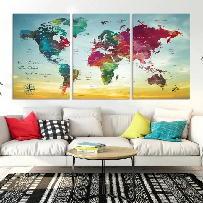 The "Wall Art Push Pin Personalized World Map Canvas Print" is a stunning three-panel piece crafted on museum-quality canvas with vibrant colors. It features a quote on the left panel, and all panels are gallery wrapped for an elegant finish. A UV-protective coating preserves their beauty.