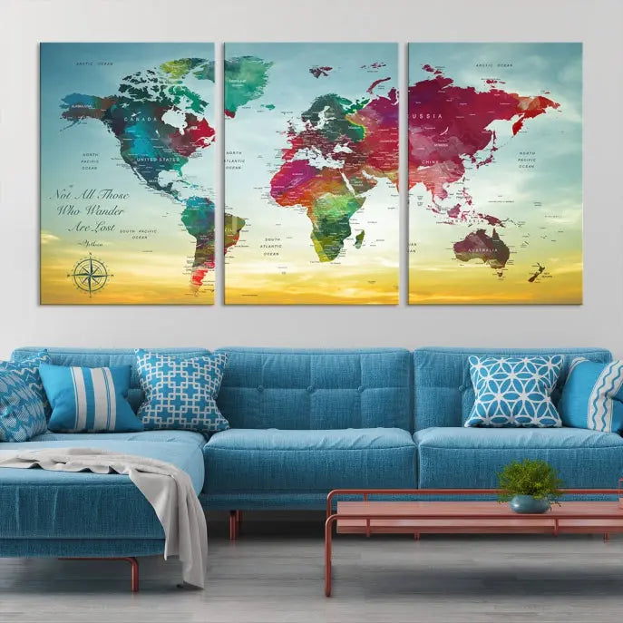 The "Wall Art Push Pin Personalized World Map Canvas Print" is a stunning three-panel piece crafted on museum-quality canvas with vibrant colors. It features a quote on the left panel, and all panels are gallery wrapped for an elegant finish. A UV-protective coating preserves their beauty.