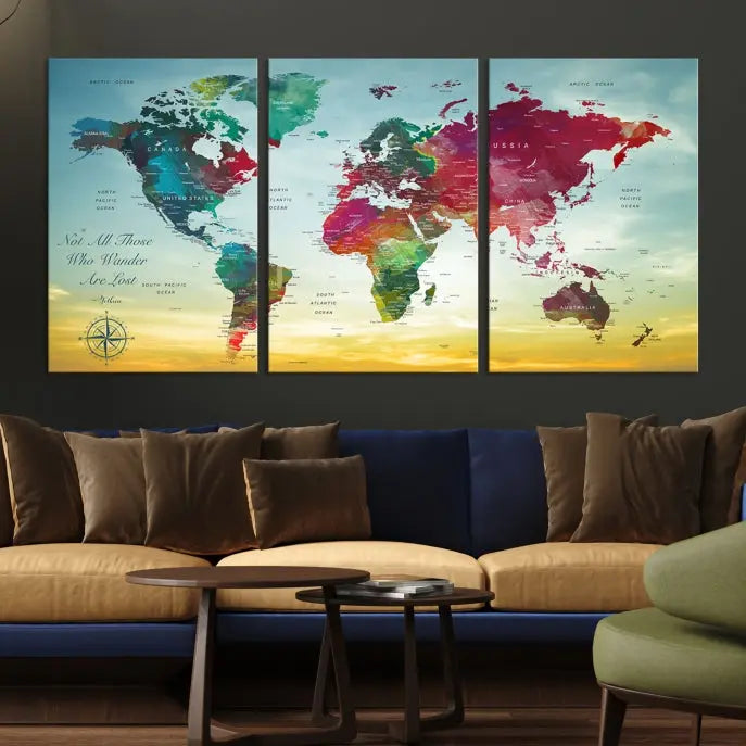 The "Wall Art Push Pin Personalized World Map Canvas Print" is a stunning three-panel piece crafted on museum-quality canvas with vibrant colors. It features a quote on the left panel, and all panels are gallery wrapped for an elegant finish. A UV-protective coating preserves their beauty.