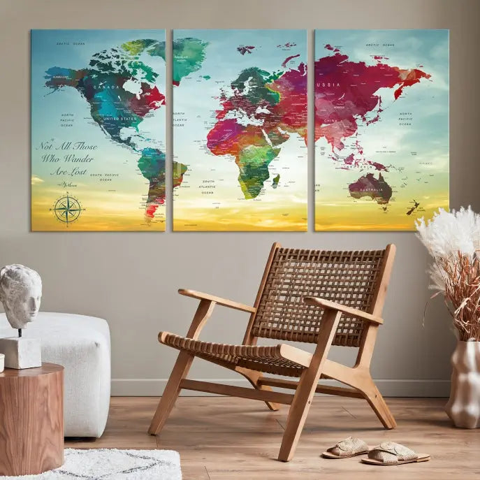 The "Wall Art Push Pin Personalized World Map Canvas Print" is a stunning three-panel piece crafted on museum-quality canvas with vibrant colors. It features a quote on the left panel, and all panels are gallery wrapped for an elegant finish. A UV-protective coating preserves their beauty.