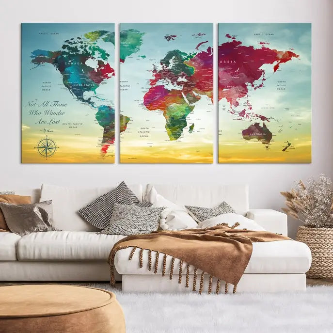 The "Wall Art Push Pin Personalized World Map Canvas Print" is a stunning three-panel piece crafted on museum-quality canvas with vibrant colors. It features a quote on the left panel, and all panels are gallery wrapped for an elegant finish. A UV-protective coating preserves their beauty.