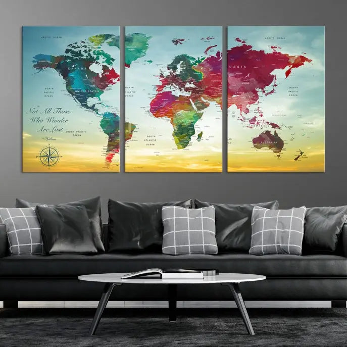 The "Wall Art Push Pin Personalized World Map Canvas Print" is a stunning three-panel piece crafted on museum-quality canvas with vibrant colors. It features a quote on the left panel, and all panels are gallery wrapped for an elegant finish. A UV-protective coating preserves their beauty.