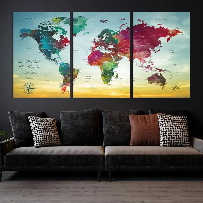 The "Wall Art Push Pin Personalized World Map Canvas Print" is a stunning three-panel piece crafted on museum-quality canvas with vibrant colors. It features a quote on the left panel, and all panels are gallery wrapped for an elegant finish. A UV-protective coating preserves their beauty.