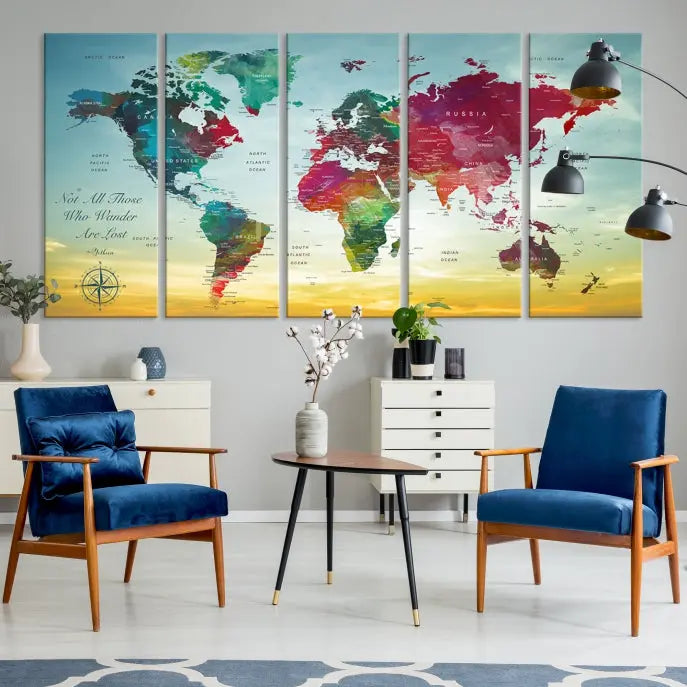 The "Wall Art Push Pin Personalized World Map Canvas Print" is a stunning three-panel piece crafted on museum-quality canvas with vibrant colors. It features a quote on the left panel, and all panels are gallery wrapped for an elegant finish. A UV-protective coating preserves their beauty.