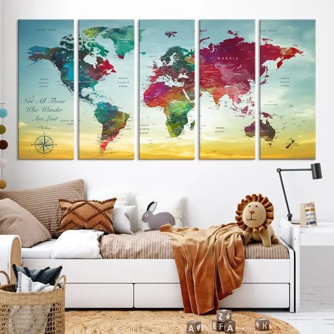 The "Wall Art Push Pin Personalized World Map Canvas Print" is a stunning three-panel piece crafted on museum-quality canvas with vibrant colors. It features a quote on the left panel, and all panels are gallery wrapped for an elegant finish. A UV-protective coating preserves their beauty.