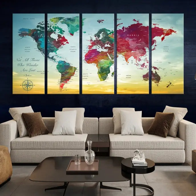 The "Wall Art Push Pin Personalized World Map Canvas Print" is a stunning three-panel piece crafted on museum-quality canvas with vibrant colors. It features a quote on the left panel, and all panels are gallery wrapped for an elegant finish. A UV-protective coating preserves their beauty.