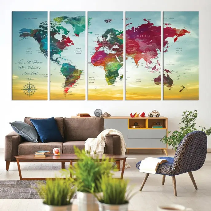 The "Wall Art Push Pin Personalized World Map Canvas Print" is a stunning three-panel piece crafted on museum-quality canvas with vibrant colors. It features a quote on the left panel, and all panels are gallery wrapped for an elegant finish. A UV-protective coating preserves their beauty.