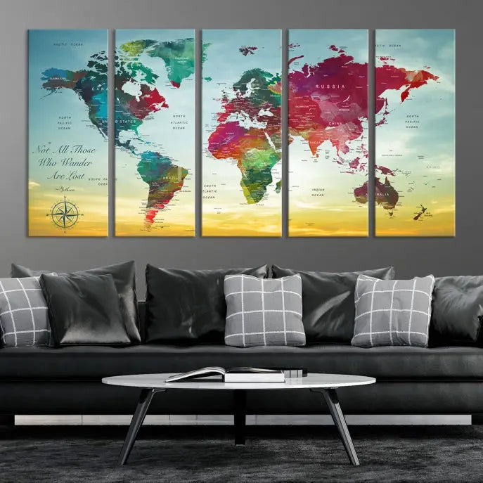 The "Wall Art Push Pin Personalized World Map Canvas Print" is a stunning three-panel piece crafted on museum-quality canvas with vibrant colors. It features a quote on the left panel, and all panels are gallery wrapped for an elegant finish. A UV-protective coating preserves their beauty.