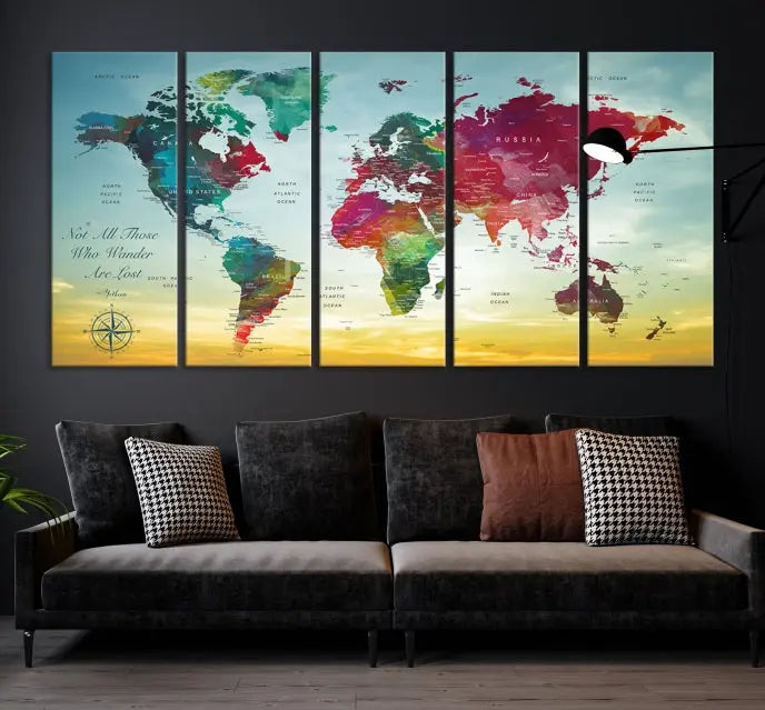 The "Wall Art Push Pin Personalized World Map Canvas Print" is a stunning three-panel piece crafted on museum-quality canvas with vibrant colors. It features a quote on the left panel, and all panels are gallery wrapped for an elegant finish. A UV-protective coating preserves their beauty.