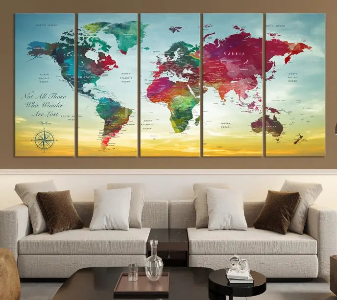 The "Wall Art Push Pin Personalized World Map Canvas Print" is a stunning three-panel piece crafted on museum-quality canvas with vibrant colors. It features a quote on the left panel, and all panels are gallery wrapped for an elegant finish. A UV-protective coating preserves their beauty.