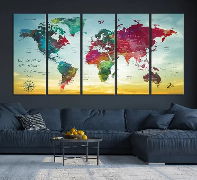 The "Wall Art Push Pin Personalized World Map Canvas Print" is a stunning three-panel piece crafted on museum-quality canvas with vibrant colors. It features a quote on the left panel, and all panels are gallery wrapped for an elegant finish. A UV-protective coating preserves their beauty.