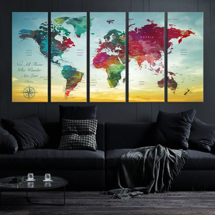 The "Wall Art Push Pin Personalized World Map Canvas Print" is a stunning three-panel piece crafted on museum-quality canvas with vibrant colors. It features a quote on the left panel, and all panels are gallery wrapped for an elegant finish. A UV-protective coating preserves their beauty.