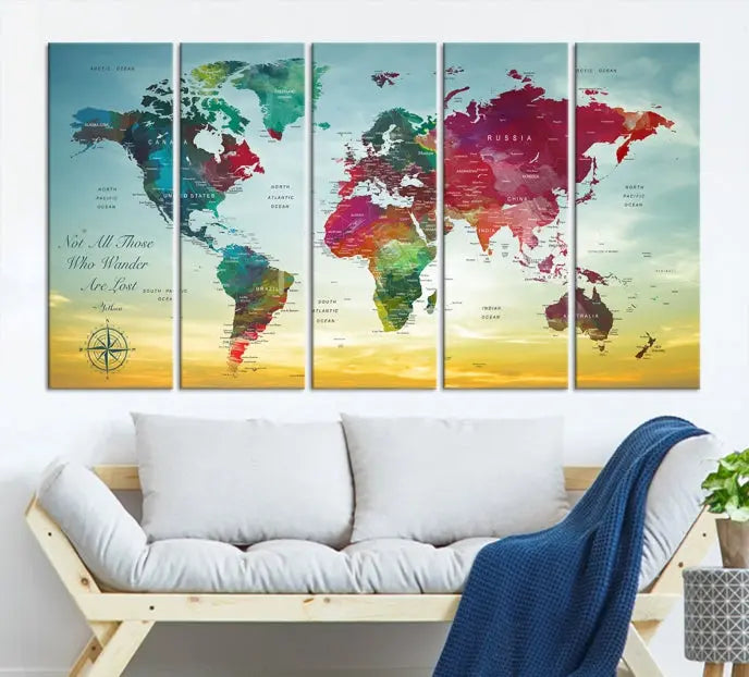 The "Wall Art Push Pin Personalized World Map Canvas Print" is a stunning three-panel piece crafted on museum-quality canvas with vibrant colors. It features a quote on the left panel, and all panels are gallery wrapped for an elegant finish. A UV-protective coating preserves their beauty.