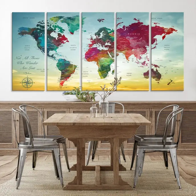 The "Wall Art Push Pin Personalized World Map Canvas Print" is a stunning three-panel piece crafted on museum-quality canvas with vibrant colors. It features a quote on the left panel, and all panels are gallery wrapped for an elegant finish. A UV-protective coating preserves their beauty.