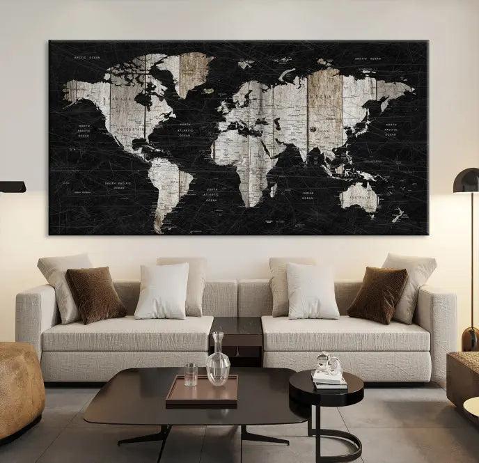 The Wall Art Push Pin World Map Canvas Print with a UV-protective coating is crafted on museum-quality canvases and is ready to hang to enhance any room.