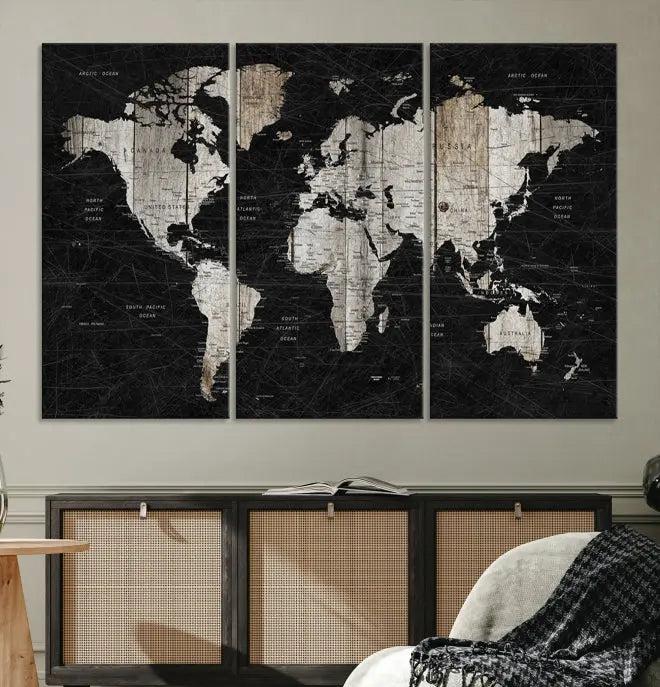 The Wall Art Push Pin World Map Canvas Print with a UV-protective coating is crafted on museum-quality canvases and is ready to hang to enhance any room.