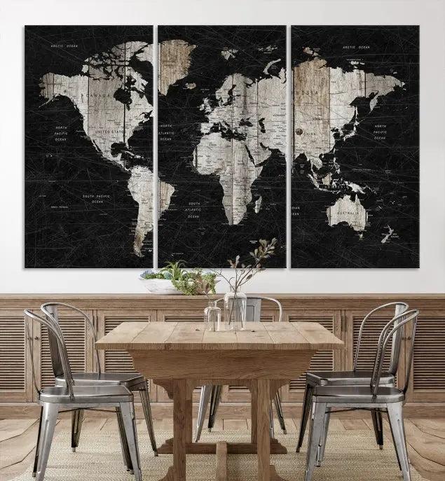 The Wall Art Push Pin World Map Canvas Print with a UV-protective coating is crafted on museum-quality canvases and is ready to hang to enhance any room.