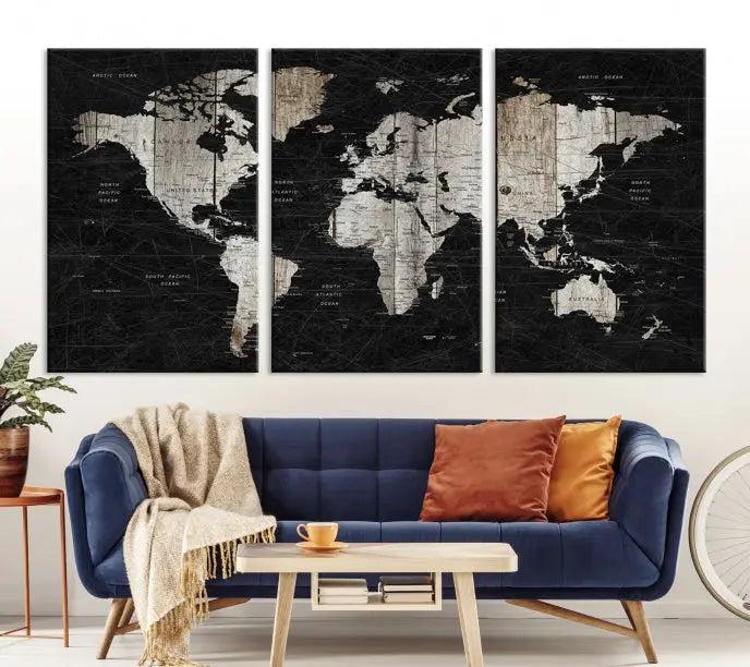 The Wall Art Push Pin World Map Canvas Print with a UV-protective coating is crafted on museum-quality canvases and is ready to hang to enhance any room.