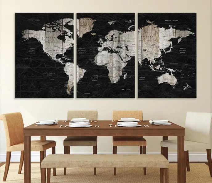 The Wall Art Push Pin World Map Canvas Print with a UV-protective coating is crafted on museum-quality canvases and is ready to hang to enhance any room.