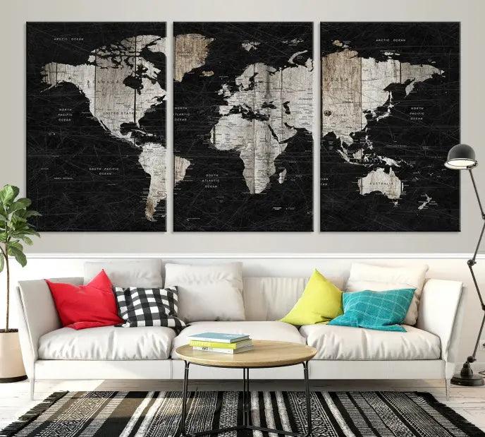 The Wall Art Push Pin World Map Canvas Print with a UV-protective coating is crafted on museum-quality canvases and is ready to hang to enhance any room.