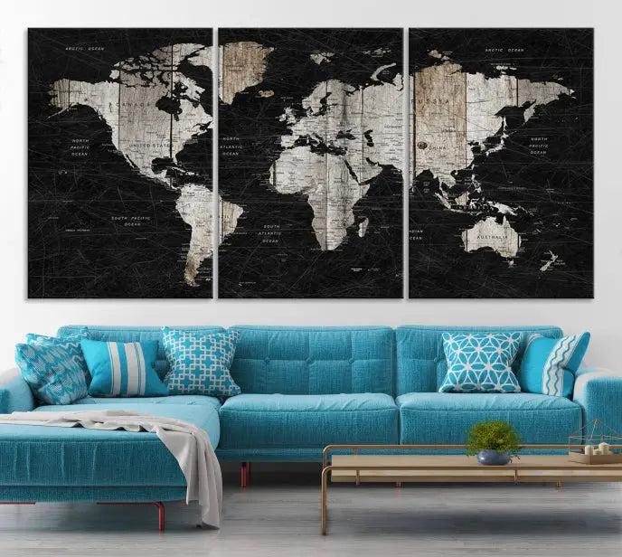 The Wall Art Push Pin World Map Canvas Print with a UV-protective coating is crafted on museum-quality canvases and is ready to hang to enhance any room.