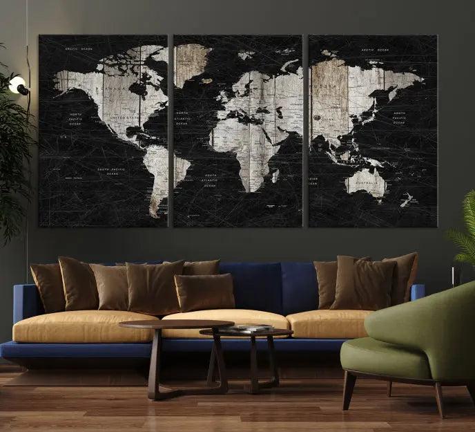 The Wall Art Push Pin World Map Canvas Print with a UV-protective coating is crafted on museum-quality canvases and is ready to hang to enhance any room.