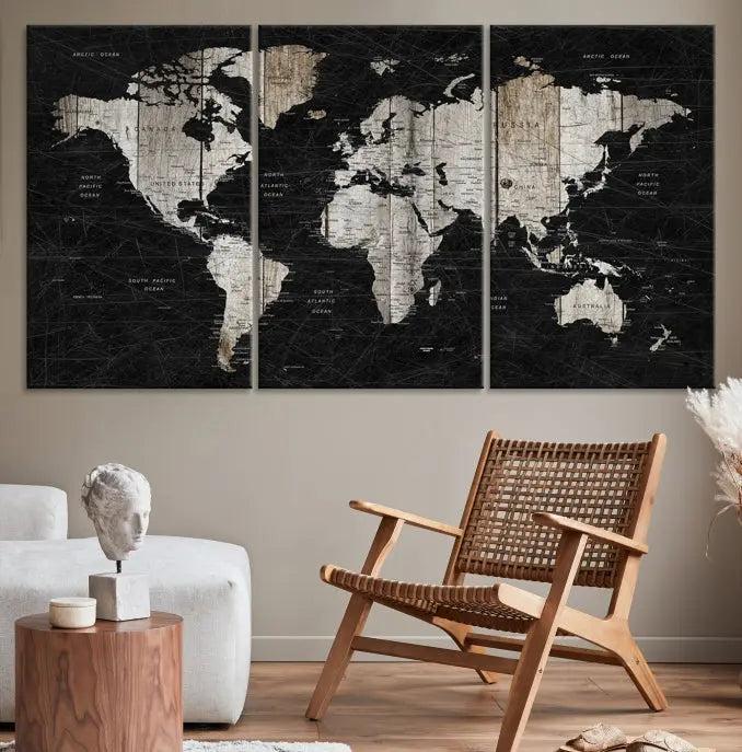 The Wall Art Push Pin World Map Canvas Print with a UV-protective coating is crafted on museum-quality canvases and is ready to hang to enhance any room.