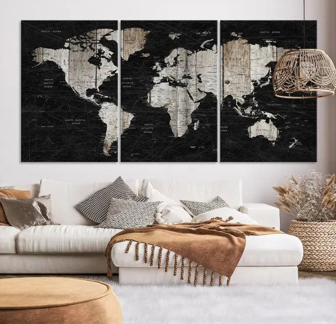 The Wall Art Push Pin World Map Canvas Print with a UV-protective coating is crafted on museum-quality canvases and is ready to hang to enhance any room.