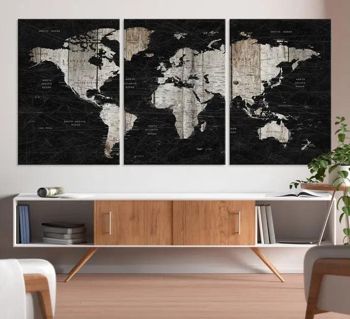 The Wall Art Push Pin World Map Canvas Print with a UV-protective coating is crafted on museum-quality canvases and is ready to hang to enhance any room.