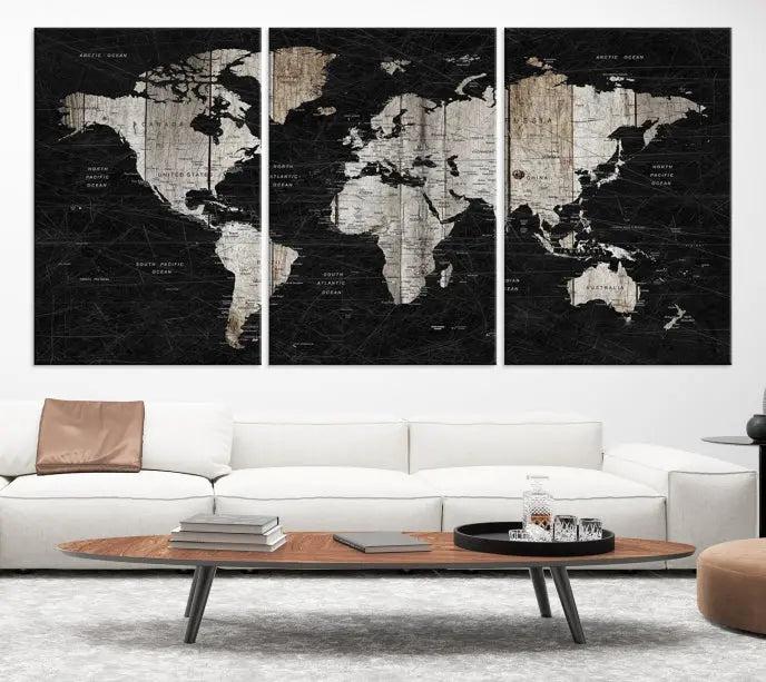 The Wall Art Push Pin World Map Canvas Print with a UV-protective coating is crafted on museum-quality canvases and is ready to hang to enhance any room.