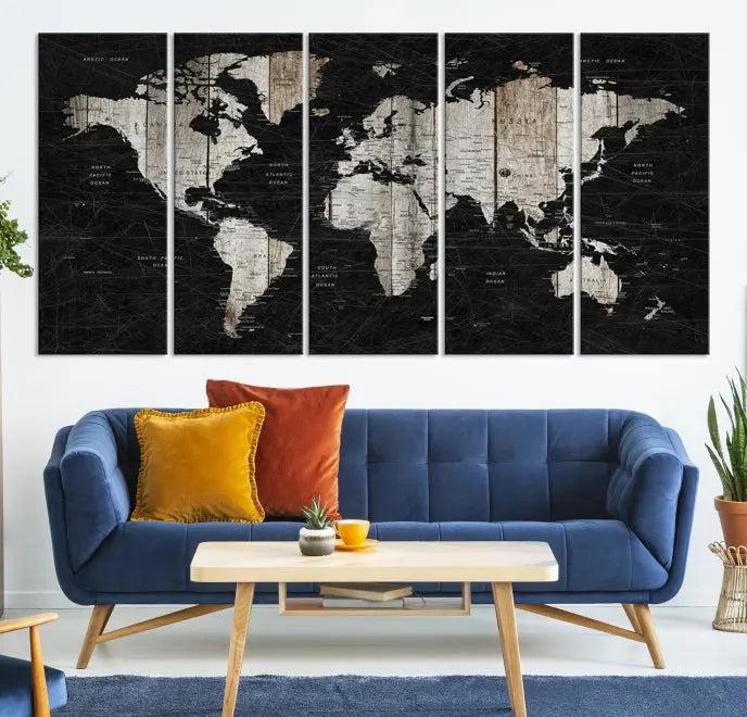 The Wall Art Push Pin World Map Canvas Print with a UV-protective coating is crafted on museum-quality canvases and is ready to hang to enhance any room.