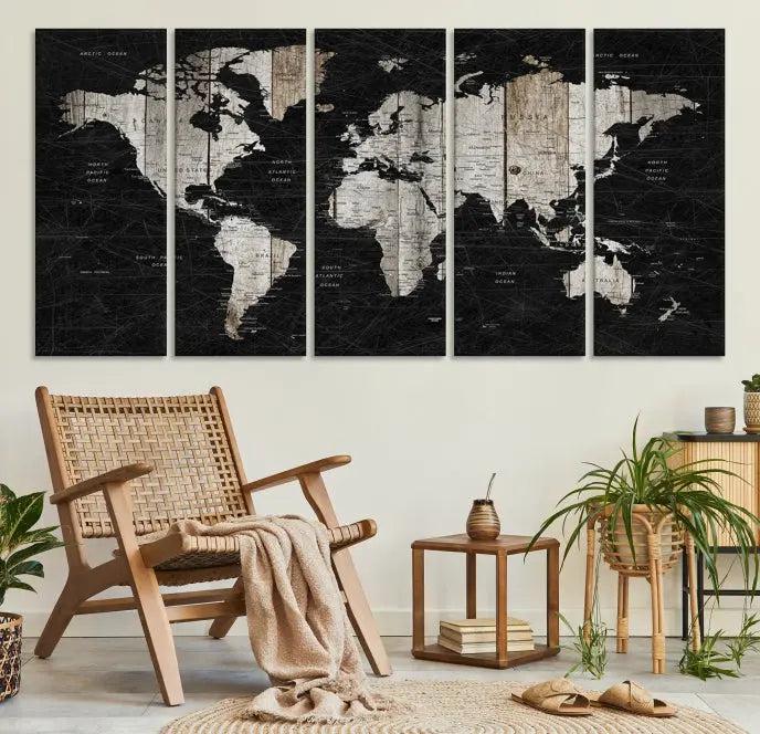 The Wall Art Push Pin World Map Canvas Print with a UV-protective coating is crafted on museum-quality canvases and is ready to hang to enhance any room.