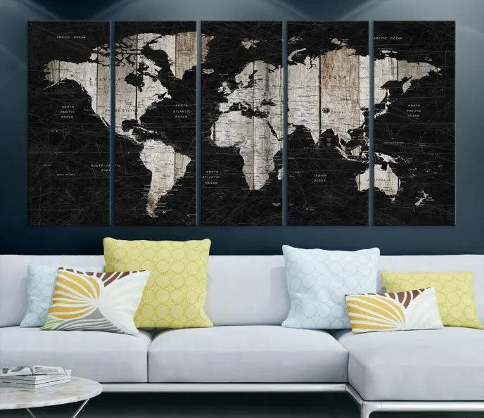 The Wall Art Push Pin World Map Canvas Print with a UV-protective coating is crafted on museum-quality canvases and is ready to hang to enhance any room.