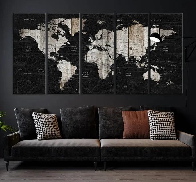 The Wall Art Push Pin World Map Canvas Print with a UV-protective coating is crafted on museum-quality canvases and is ready to hang to enhance any room.