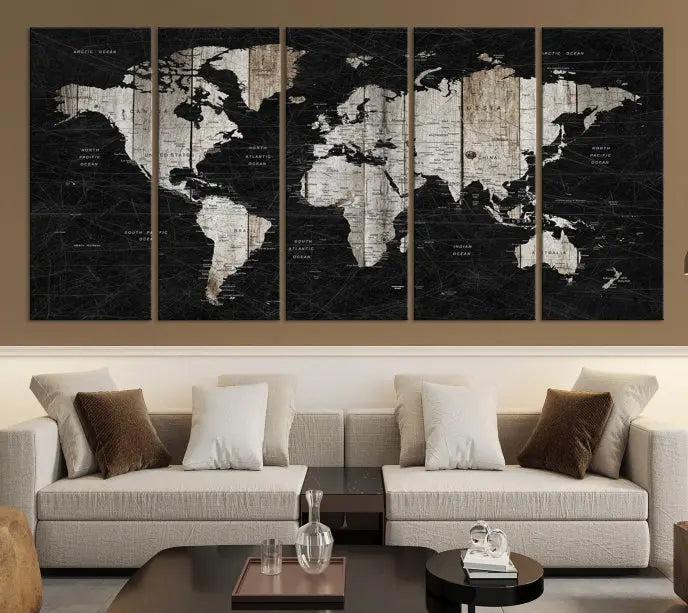 The Wall Art Push Pin World Map Canvas Print with a UV-protective coating is crafted on museum-quality canvases and is ready to hang to enhance any room.