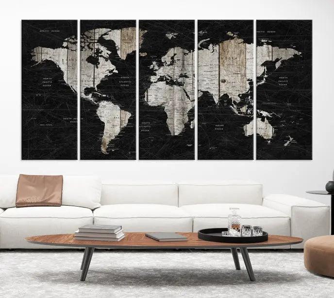 The Wall Art Push Pin World Map Canvas Print with a UV-protective coating is crafted on museum-quality canvases and is ready to hang to enhance any room.