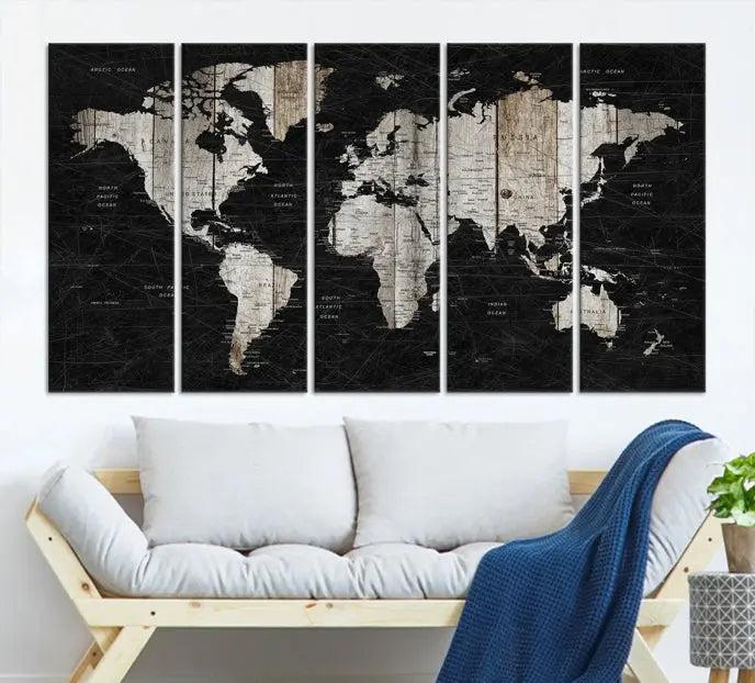 The Wall Art Push Pin World Map Canvas Print with a UV-protective coating is crafted on museum-quality canvases and is ready to hang to enhance any room.