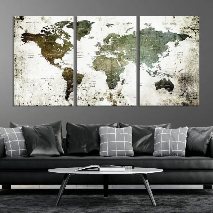 A Wall Art Push Pin World Map Canvas Print is displayed, showcasing an abstract world map in earthy tones. This museum-quality canvas is ready to hang and includes a UV-protective coating to maintain its vibrant shades.