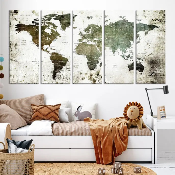 A Wall Art Push Pin World Map Canvas Print is displayed, showcasing an abstract world map in earthy tones. This museum-quality canvas is ready to hang and includes a UV-protective coating to maintain its vibrant shades.