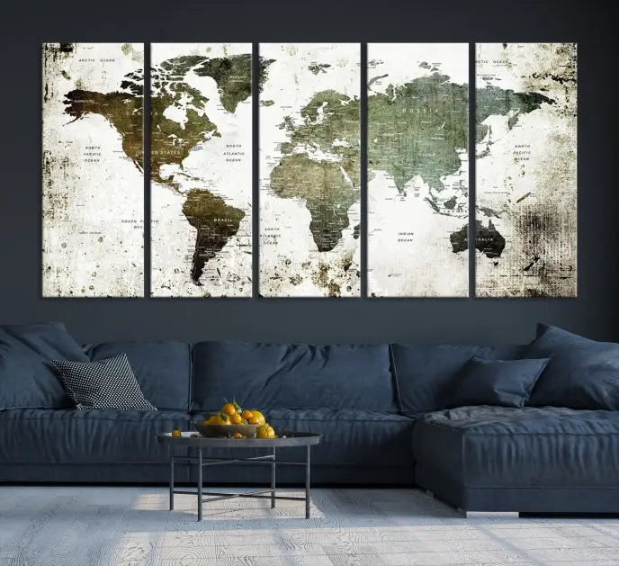 A Wall Art Push Pin World Map Canvas Print is displayed, showcasing an abstract world map in earthy tones. This museum-quality canvas is ready to hang and includes a UV-protective coating to maintain its vibrant shades.