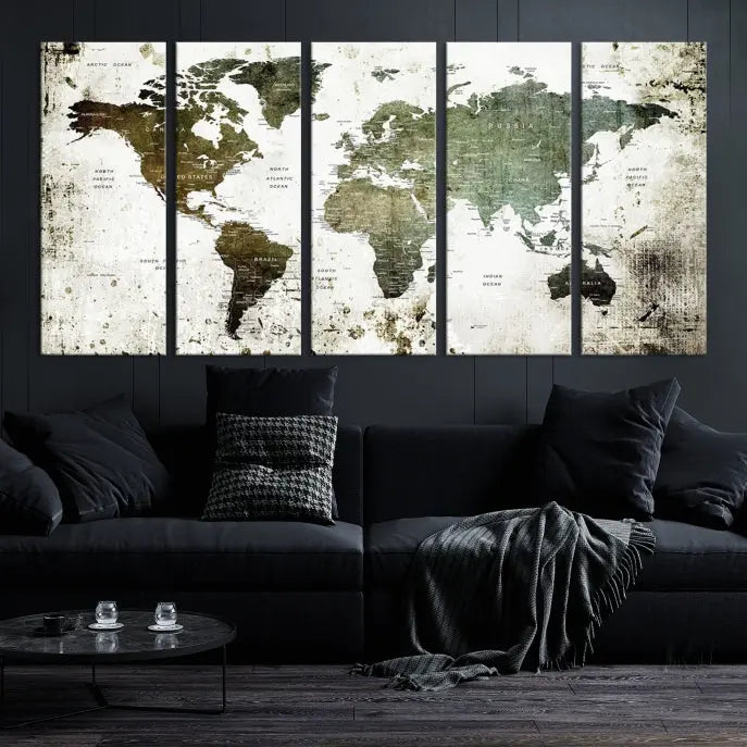 A Wall Art Push Pin World Map Canvas Print is displayed, showcasing an abstract world map in earthy tones. This museum-quality canvas is ready to hang and includes a UV-protective coating to maintain its vibrant shades.