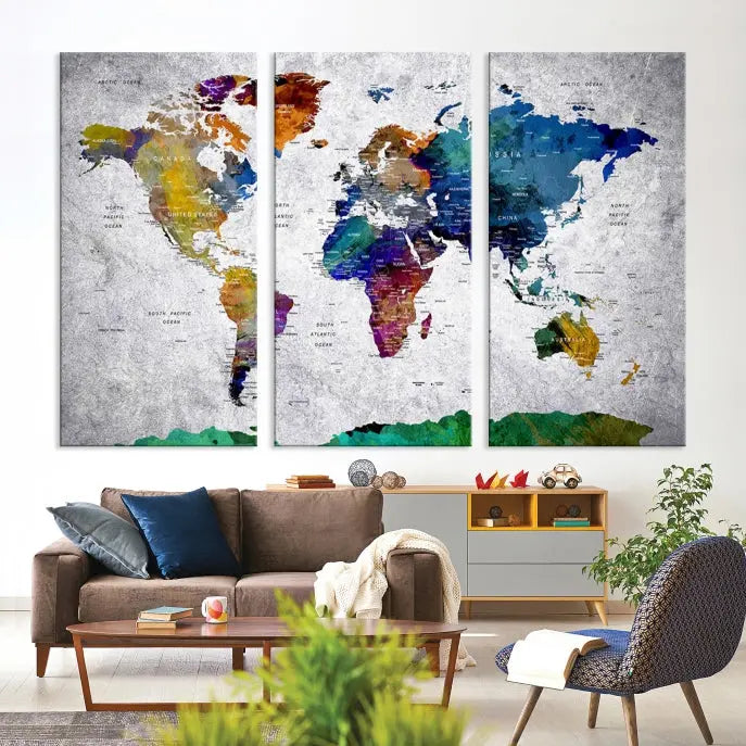 A three-panel, museum-quality Wall Art Push Pin World Map with Antarctica Canvas Print elegantly hangs, adding sophistication to the space.