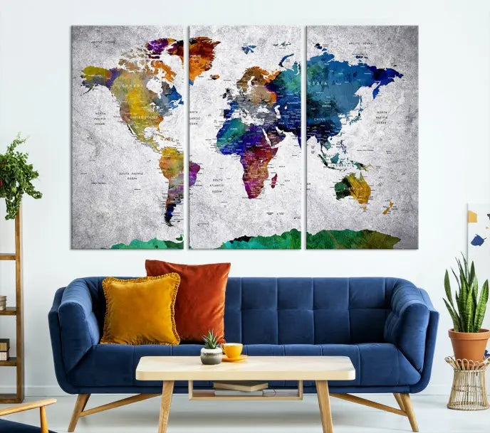 A three-panel, museum-quality Wall Art Push Pin World Map with Antarctica Canvas Print elegantly hangs, adding sophistication to the space.