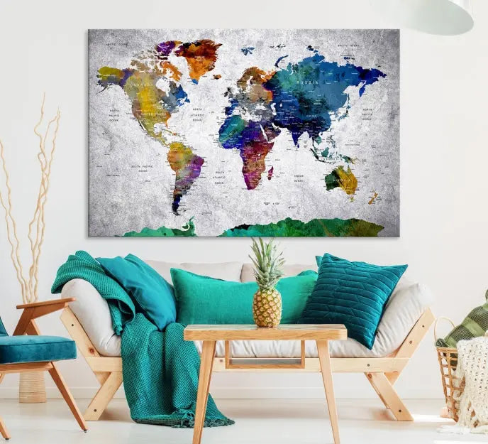 A three-panel, museum-quality Wall Art Push Pin World Map with Antarctica Canvas Print elegantly hangs, adding sophistication to the space.