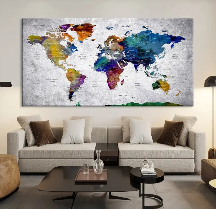 A three-panel, museum-quality Wall Art Push Pin World Map with Antarctica Canvas Print elegantly hangs, adding sophistication to the space.